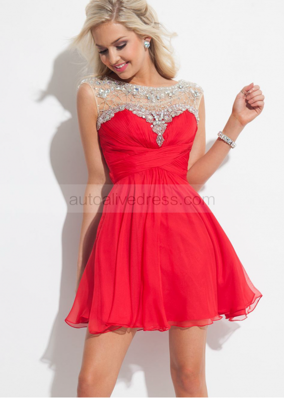 Beaded Keyhole Back Short Chiffon Prom Dress 